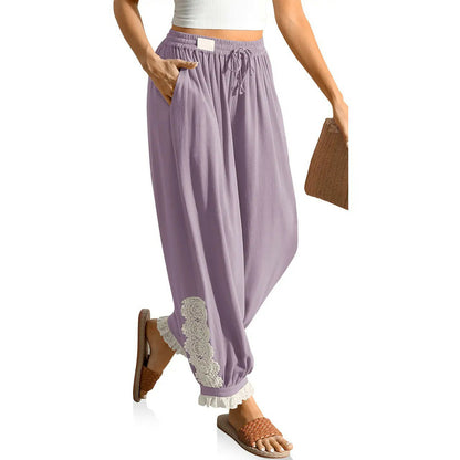 Women’s Boho Lace Trim Linen Harem Pants