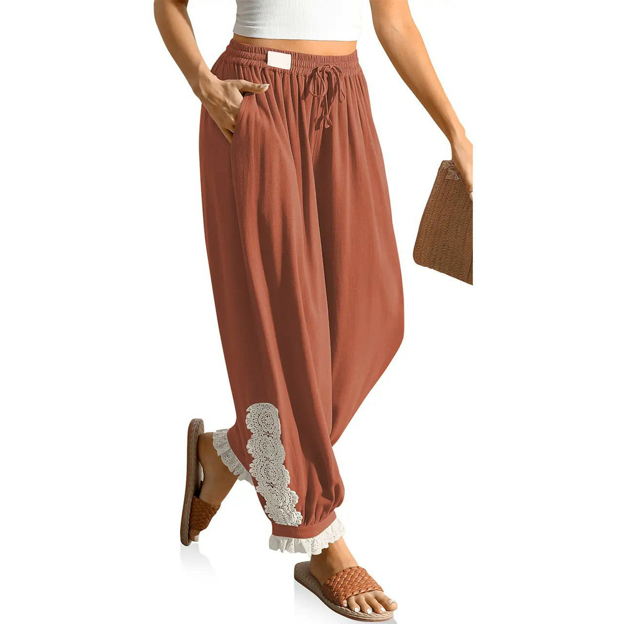 Women’s Boho Lace Trim Linen Harem Pants