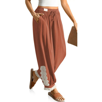 Women’s Boho Lace Trim Linen Harem Pants
