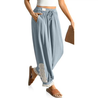 Women’s Boho Lace Trim Linen Harem Pants