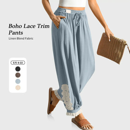 Women’s Boho Lace Trim Linen Harem Pants