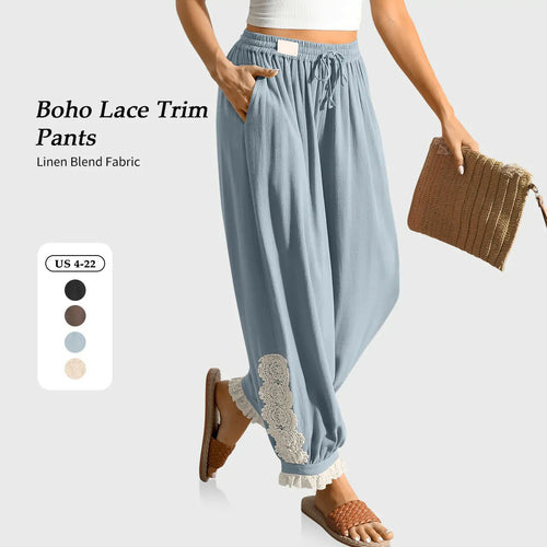 Women’s Boho Lace Trim Linen Harem Pants