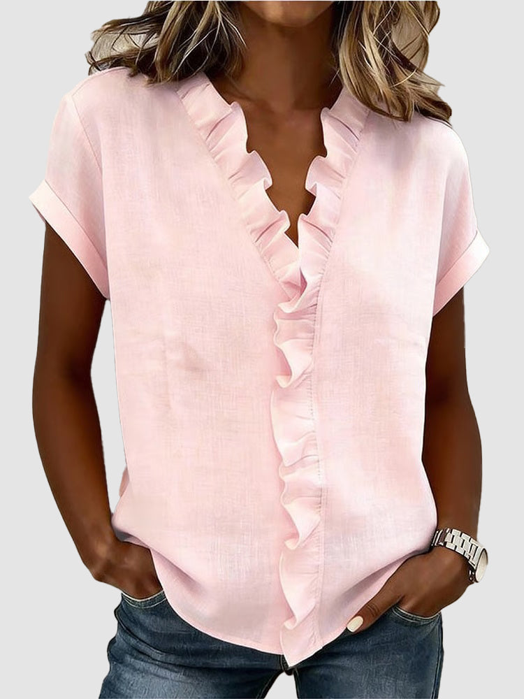 Women's V-Neck Ruffle Trim Short Sleeve Blouse