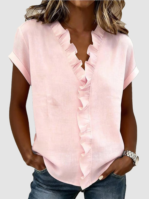 Women's V-Neck Ruffle Trim Short Sleeve Blouse