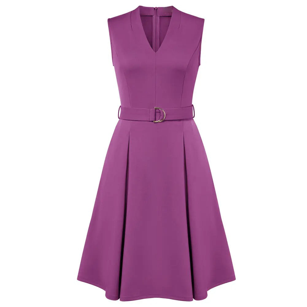 Women's Sleeveless V-Neck A-Line Dress with Belt