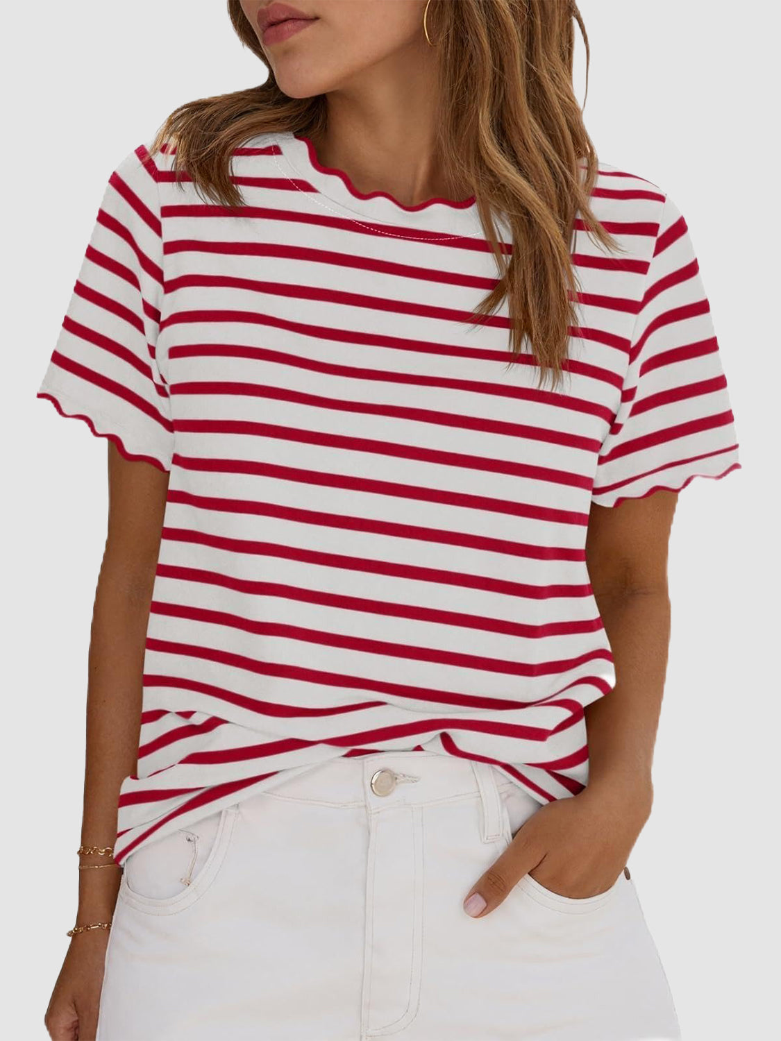 ⏰Hot Sale-Women's Scalloped Crew Neck Striped T-Shirt