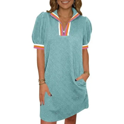Color Block Collar Zip Puff Sleeve Casual Mini Dress