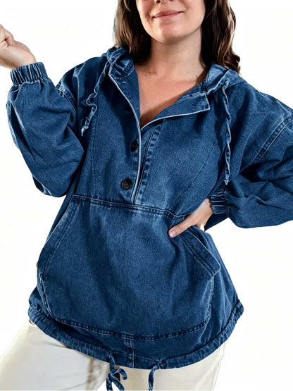 Women’s Lightweight Button Up Jean Pullover with Drawstring Hood