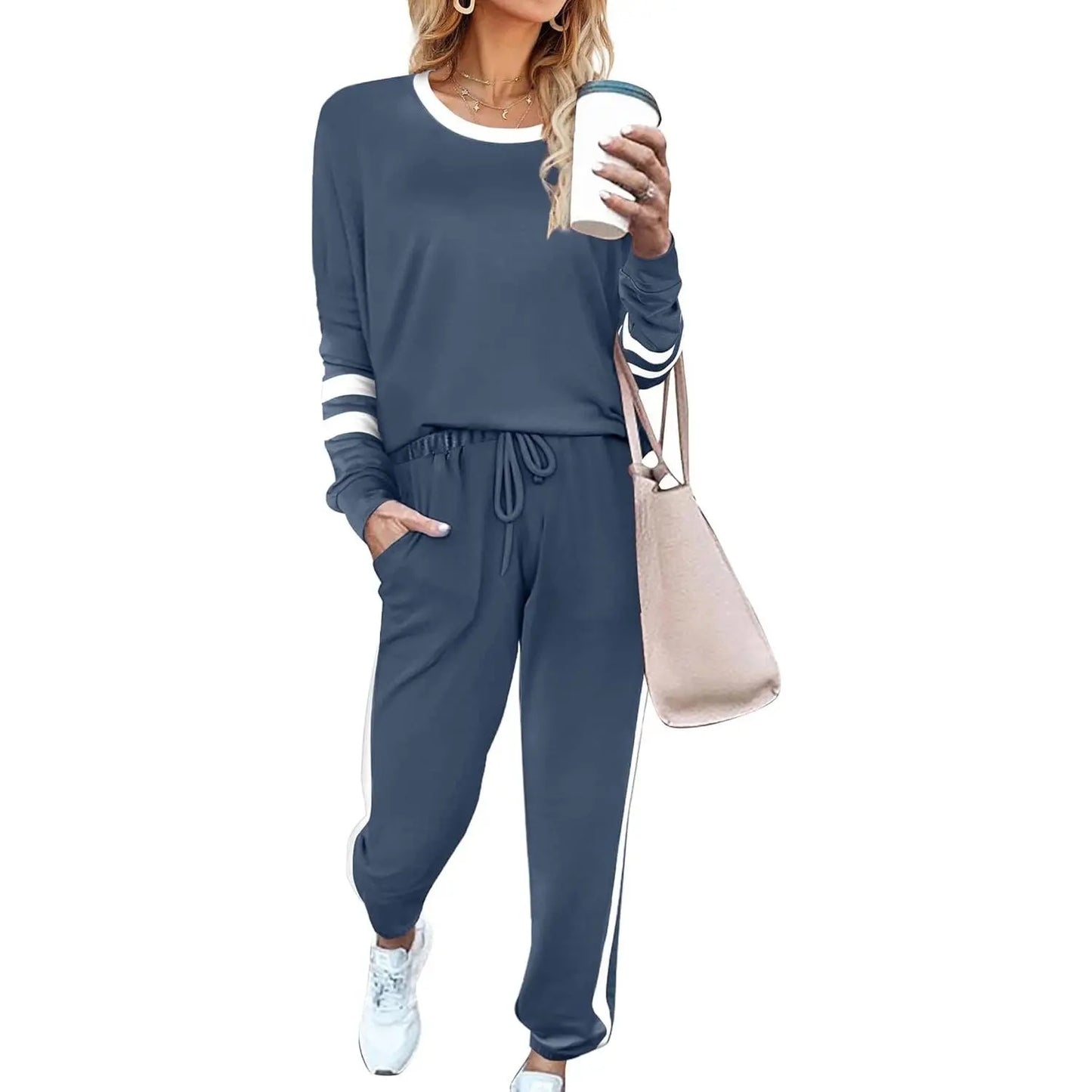 Women's Solid Long Sleeve Round Neck Pulloever Top Drawstring Pants Set