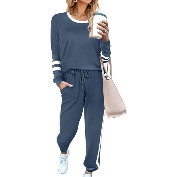 Women's Solid Long Sleeve Round Neck Pulloever Top Drawstring Pants Set