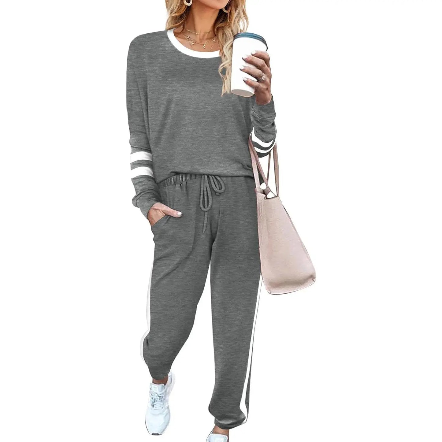 Women's Solid Long Sleeve Round Neck Pulloever Top Drawstring Pants Set