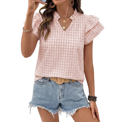Gingham Ruffle Cap Sleeve V Neck Casual Blouse
