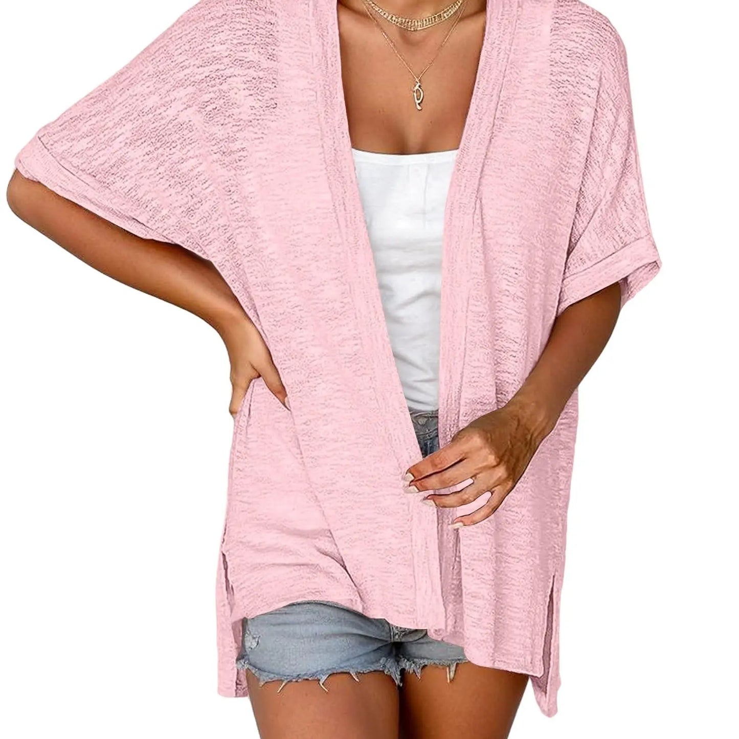 Slub Knit Open Front Roll Cuff Short Sleeve Side Slit Lightweight Cardigan