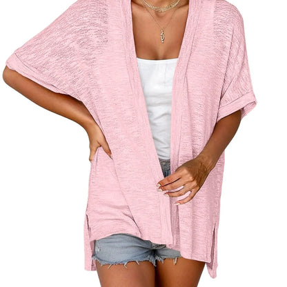 Slub Knit Open Front Roll Cuff Short Sleeve Side Slit Lightweight Cardigan