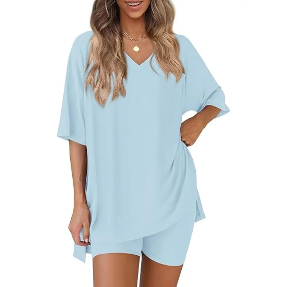 Buttery Soft Lounge Set for Women – Oversized V-Neck Tee & Matching Shorts