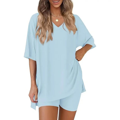 Buttery Soft Lounge Set for Women – Oversized V-Neck Tee & Matching Shorts