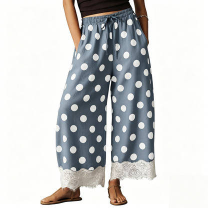 Polka Dot Lace Hem Elastic Waist Wide Leg Crop Pants
