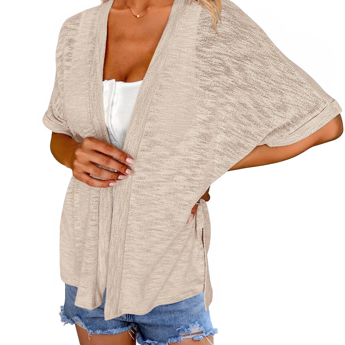 Slub Knit Open Front Roll Cuff Short Sleeve Side Slit Lightweight Cardigan