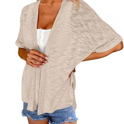 Slub Knit Open Front Roll Cuff Short Sleeve Side Slit Lightweight Cardigan