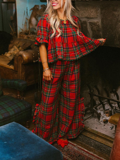 Women's Plaid Ruffle Puff Sleeve Pajamas Set