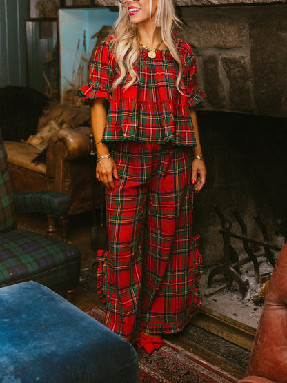 Women's Plaid Ruffle Puff Sleeve Pajamas Set