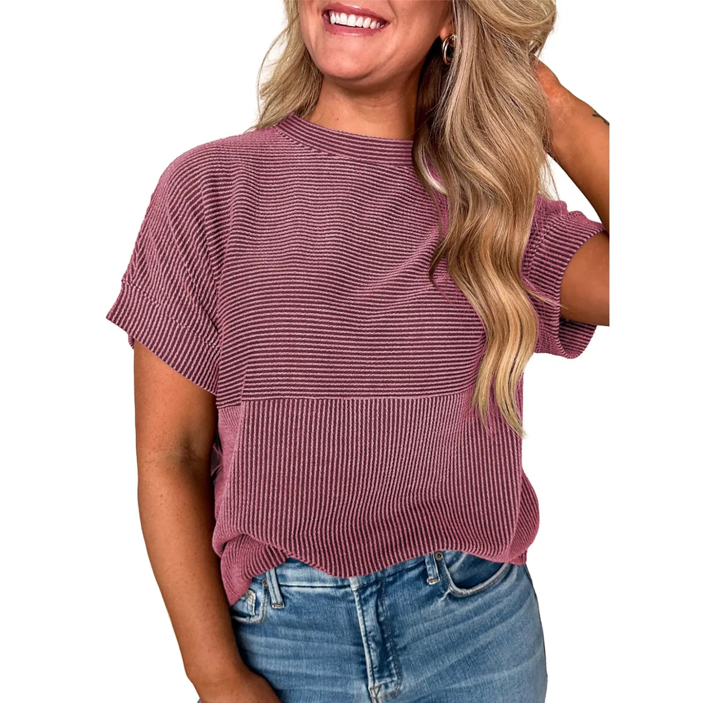 Women Textured Rib Splice Crew Neck Loose Fit Knit Short Sleeve T-shirt