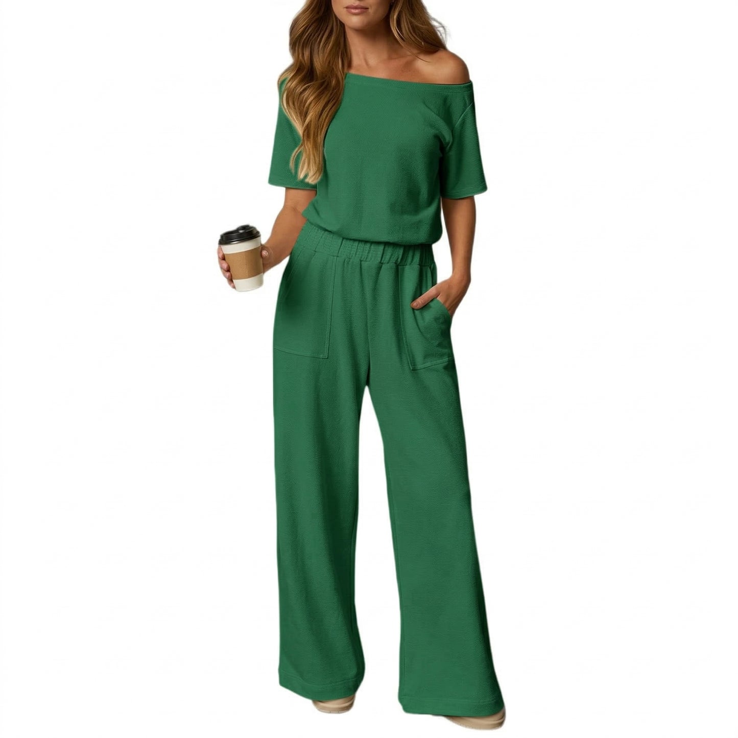 🔥Women's Short Sleeve Back Cutout Casual Wide Leg Loose Fit One-Piece Jumpsuit