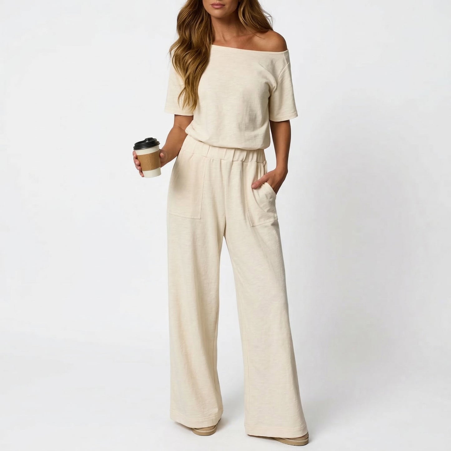 🔥Women's Short Sleeve Back Cutout Casual Wide Leg Loose Fit One-Piece Jumpsuit