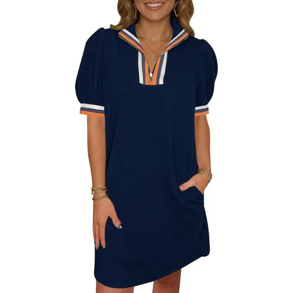Color Block Collar Zip Puff Sleeve Casual Mini Dress