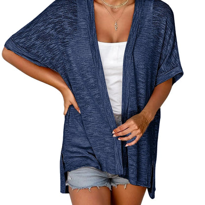 Slub Knit Open Front Roll Cuff Short Sleeve Side Slit Lightweight Cardigan