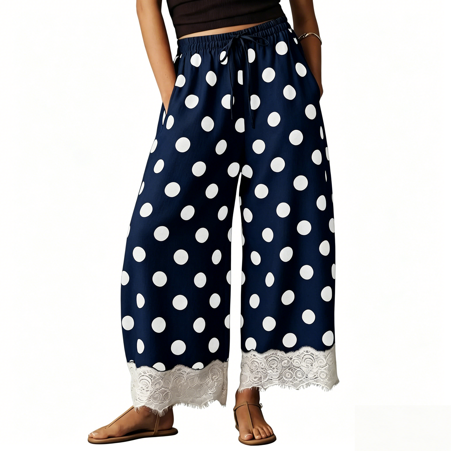Polka Dot Lace Hem Elastic Waist Wide Leg Crop Pants