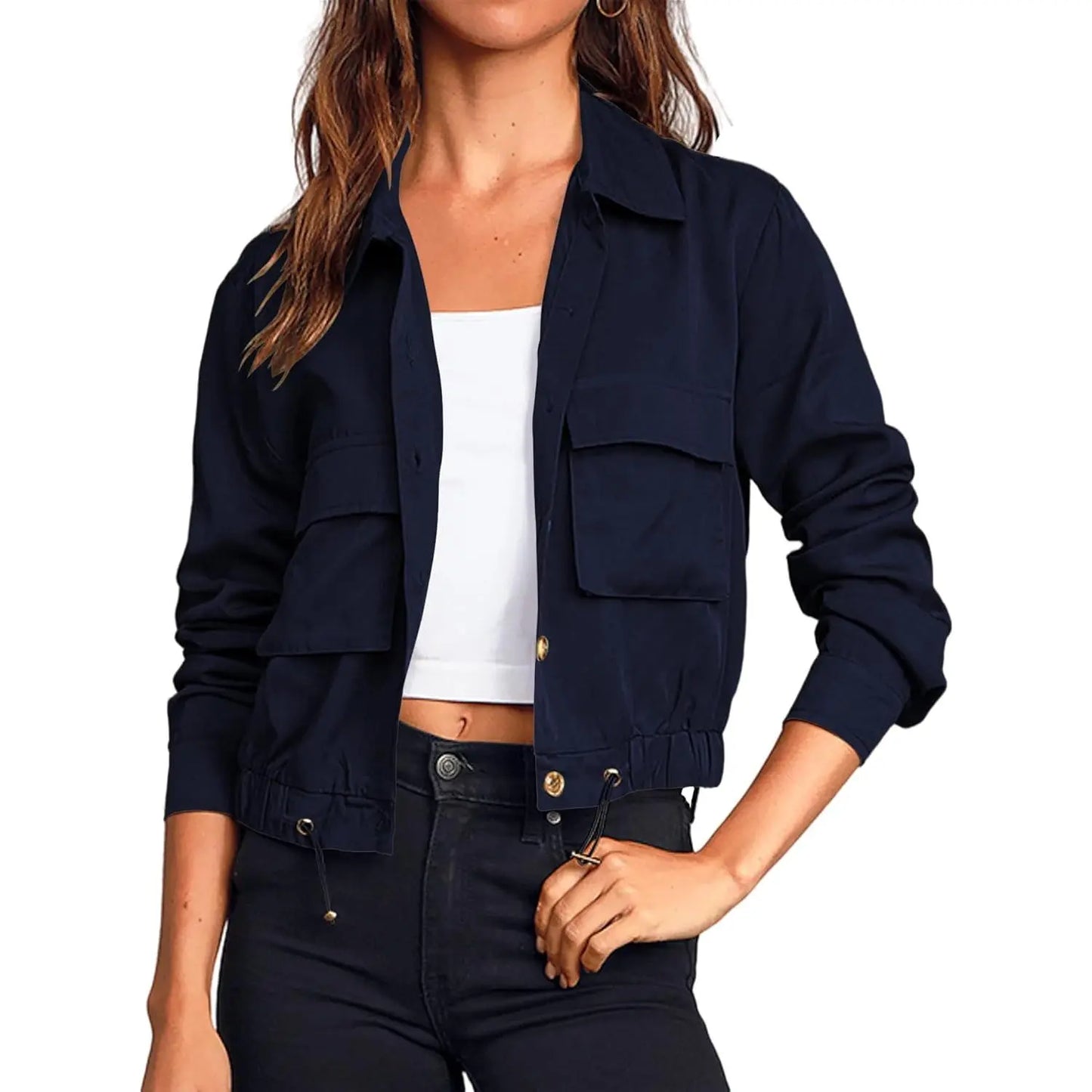 Women Lapel Collar Button Down Pocket Drawstring Hem Cargo Windbreaker Jacket