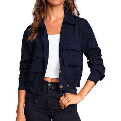 Women Lapel Collar Button Down Pocket Drawstring Hem Cargo Windbreaker Jacket
