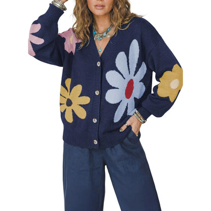 V-Neck Floral Pattern Button Knit Cardigan