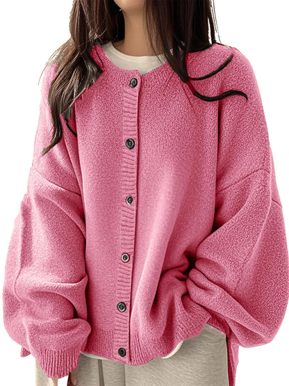 Loose Round Neck Knit Cardigan & Basic Button‑Up Lantern‑Sleeve Outer Top