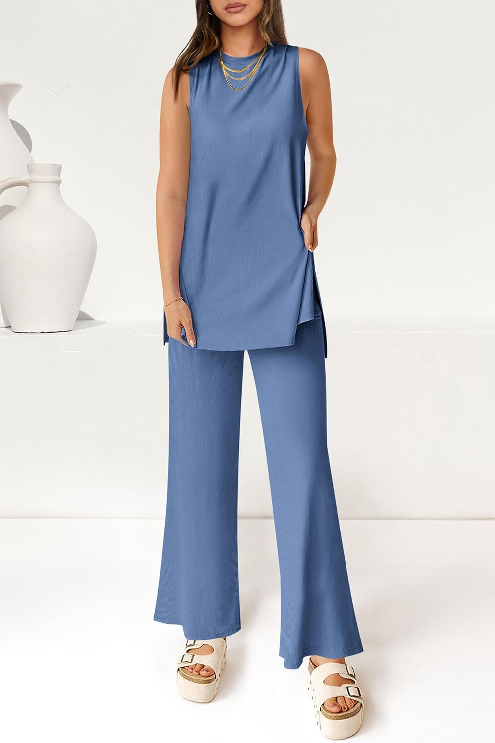 Women's Casual Loose Tank Top Wide Leg Pants 2 Piece Lounge Set