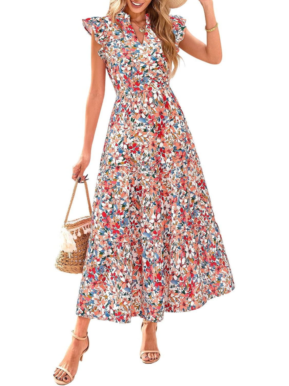 ⏰Hot Sale-Women's Boho Print V Neck Ruffle Maxi Dress
