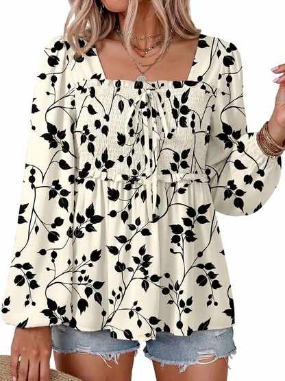Women Loose Long Sleeve Square Neck Smocked Ruffle Peplum Casual Blouse