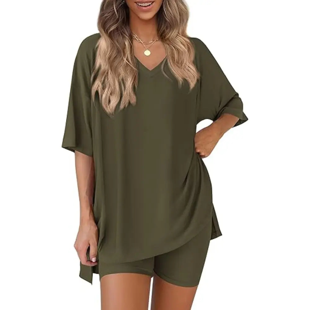 Buttery Soft Lounge Set for Women – Oversized V-Neck Tee & Matching Shorts