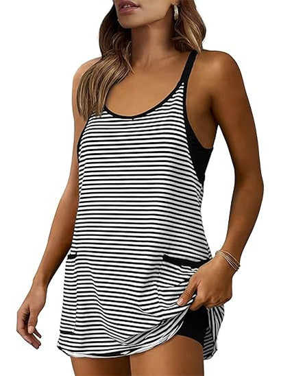 2026 Women's Striped V-Neck Tennis Dress with Built-in Shorts