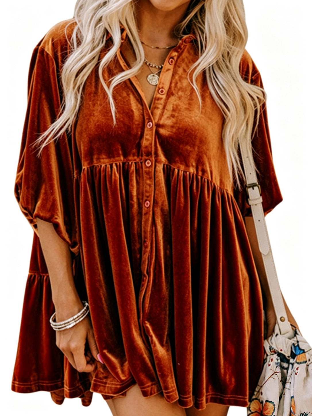 Velvet Babydoll Holiday Party Top 🍂 3/4 Lantern Sleeve Button Front Tunic
