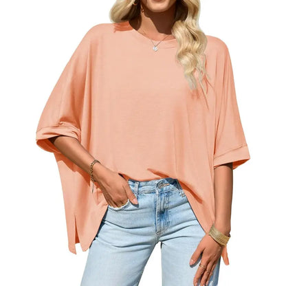 Women Batwing Sleeve Oversized Tee, Asymmetric Hem Casual Top