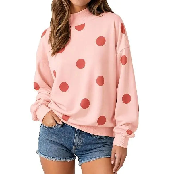 Women Oversized Long Sleeve Polka Dot Mock Neck Casual Pullover Sweatshirt
