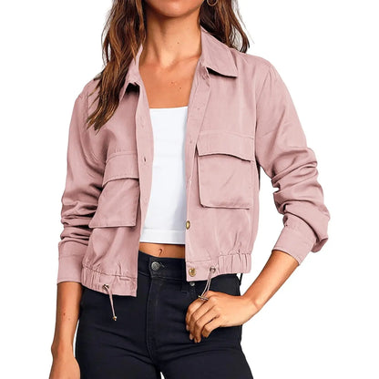 Women Lapel Collar Button Down Pocket Drawstring Hem Cargo Windbreaker Jacket