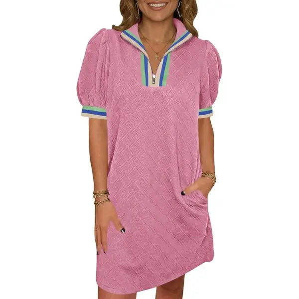 Color Block Collar Zip Puff Sleeve Casual Mini Dress