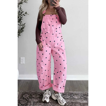 Women Loose Wide Leg Polka Dot Denim Overalls With Pockets