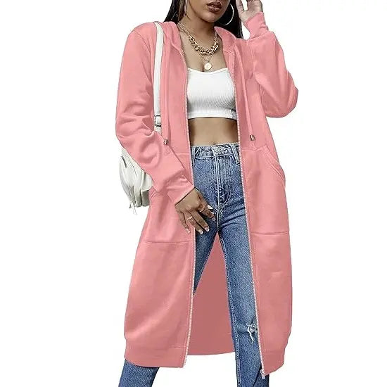 Women Oversized Full Zip Long Length Hooded Jacket with Side Pockets
