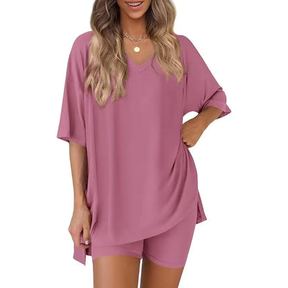 Buttery Soft Lounge Set for Women – Oversized V-Neck Tee & Matching Shorts