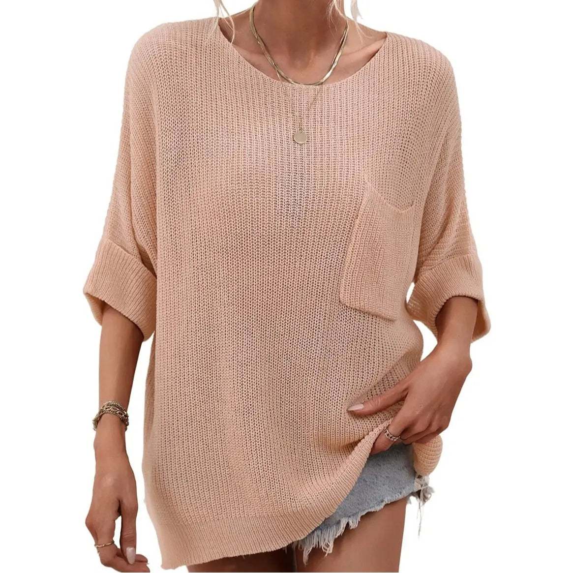 Women Boat Neck Batwing Sleeve Knit Top with Pocket & Side Slit Hem