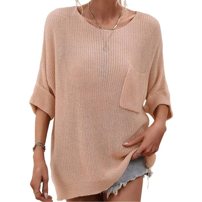 Women Boat Neck Batwing Sleeve Knit Top with Pocket & Side Slit Hem
